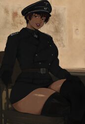 ai_generated angry_face berserk big_lips big_thighs black_hair casca civitai clothed dark-skinned_female dark_lipstick dark_nipples dark_skin ebony female hat looking_at_viewer military_uniform nazi nazi_uniform short_hair short_hair_female ss_uniform sweat tomboy uniform unknown_artist world_war_2 ww2