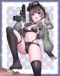 1boy absurdres balls bar_censor belt belt_buckle black_bra black_panties bra buckle censored cropped_jacket female footjob footjob_with_legwear goggles goggles_on_headwear green_hat grey_hair gun handgun hat highleg highleg_panties highres holding holding_gun holding_weapon jacket knee_brace lumina414 male military_jacket navel open_clothes open_jacket open_mouth original panties penis purple_eyes single_thighhigh stepped_on teeth testicles thigh_strap thighhighs thighs twintails underwear upper_teeth_only weapon