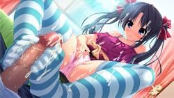 1boy black_hair blue_eyes blush bow censored cum cum_on_body cum_on_clothes cum_on_lower_body cum_on_upper_body feet female footjob hair_ornament hairbow long_hair love_sweets masturbation otonashi_kushina panties pink_panties pink_shirt sakurazaka_tsuchiyu striped striped_legwear tagme thighhighs through_clothes through_panties underwear