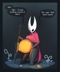 2023 5:6 accessory anthro arawaffle areola aroused arthropod belly big_areola big_belly big_breasts big_nipples black_body black_eyes black_skin blush bodily_fluids bottomless breasts breath claws cloak cloak_only clothed clothing corruption dialogue digital_media_(artwork) english_text exoskeleton female fetal_movement glistening glistening_body glistening_skin glowing glowing_areola glowing_body glowing_breasts glowing_nipples glowing_womb hand_on_belly heart_symbol holding_object hollow_knight horn hornet_(hollow_knight) humanoid infected_(species) insects lactating looking_at_viewer male mostly_nude narrowed_eyes navel nipples non-mammal_breasts non-mammal_nipples orange_areola orange_belly orange_nipples portrait pregnant pregnant_anthro pregnant_female puffy_areola puffy_nipples shaded simple_background slime solo speech_bubble standing team_cherry text the_infection_(hollow_knight) three-quarter_portrait unusual_bodily_fluids unusual_lactation weapon white_horn