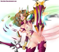 armor blush breasts brown brown_eyes brown_hair clenched_teeth female full-face_blush gauntlets hair_ornament large_breasts league_of_legends leona_(league_of_legends) long_hair nipples open_mouth pussy shia-neko-chan shield simple_background solo standing sword torn_clothes weapon white_background wince