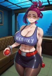 1girls abs ai_generated big_breasts black black_dress breasts cleavage female high_res holding_object holding_pokeball inside kieran_(pokemon) large_breasts light light-skinned_female light_skin pokeball pokemon pokemon_(franchise) pokemon_(series) pokemon_sv purple_hair rule_63 short_hair skirt smile solo toned underwater underwater_city yellow_eyes