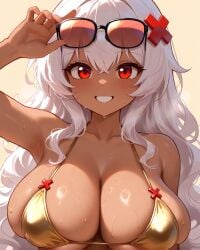 1girls ai_generated armpits big_breasts bikini_top breasts erispheria female female_focus golden_bikini hair_ornament huge_breasts large_breasts long_hair one_arm_up red_eyes smile sunglasses sweat sweating tanned tanned-skinned_female twitch virtual_youtuber vtuber white_hair x_hair_ornament youtube