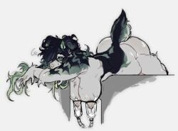 2025 anthro ass belly big_breasts big_butt blush bodily_fluids bovid breast_pull breastmilk breasts caprine dark_body dark_fur dark_hair ear_piercing embarrassed female fur green_body green_eyes green_fur green_hair grey_body grey_fur hair hanging_breasts head_on_arms hi_res horn hose long_hair looking_to_right lying mammal milk nipple_fetish nipple_milking nipple_pump nude nude_anthro on_front piercing sheep sheep_tail simple_background snout solo solo_focus sweat vinjya_(yukirwa) watermark yukirwa