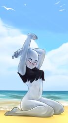 1girls arms_up beach bottomless crop_top female infinity_train jesse_cosay konansour lake_(infinity_train) metallic_body reflection saurusrequiem solo