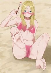 absurdres blonde_hair bodypaint breasts bright_pupils censored closed_mouth colored_tips commentary_request completely_nude eyelashes facepaint feet female full_body grey_eyes highres holding holding_paintbrush long_hair mimi_zukuu mina_(pokemon) mosaic_censoring multicolored_hair navel nipples nude paintbrush pokemon pokemon_sm pussy sand small_breasts soles solo toes wet white_pupils