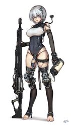 1futa cybernetics cyborg flaccid full_body futa_only futanari iuui large_breasts leotard penis scar short_hair solo solo_futa standing westking white_background white_hair