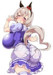 1girls ass big_ass big_breasts breasts curren_chan_(umamusume) female female_only futomayu_udonko huge_breasts looking_at_viewer looking_back panties skirt solo umamusume