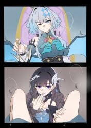 2girls :p after_cunnilingus after_fingering aroused ascot asymmetrical_bangs asymmetrical_sleeves black_hair black_shrug blue_ascot blue_eyes blue_hair blue_shirt blue_sleeves blue_wings bow bowtie breasts bright_pupils cerydra_(honkai:_star_rail) chair cleavage clothed_sex collared_shirt colored_inner_hair commentary_request crown detached_sleeves diamond-shaped_pupils diamond_(shape) drooling eclair_yuri female female_pov furrowed_brow hair_behind_ear hair_intakes hair_ornament highres honkai_(series) hysilens_(honkai:_star_rail) juliet_sleeves kishimen_hair licking licking_finger long_hair long_sleeves looking_at_viewer medium_breasts mini_crown mismatched_sleeves multicolored_hair multiple_girls multiple_pov on_chair one_eye_closed pink_bow pink_bowtie pov pov_crotch puffy_sleeves purple_eyes pussy pussy_juice pussy_juice_in_mouth pussy_juice_on_fingers saliva scales shirt shrug_(clothing) sitting spread_legs steam symbol-shaped_pupils throne tongue tongue_out tsurime twitching two-tone_hair underbust v-shaped_eyebrows white_pupils wing_collar wings yuri