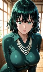 ai_generated bangs belt black_belt black_hair black_pants breasts coat collarbone collared_shirt cowboy_shot female fubuki_(one-punch_man) fur_trim green_eyes green_hair green_nails hand_on_hip high-waist_pants high_resolution highres jewelry large_breasts lips lipstick long_sleeves looking_at_viewer makeup nail_polish necklace one-punch_man pants pearl_necklace rcos red_lips s shirt shirt_tucked_in short_hair smile solo