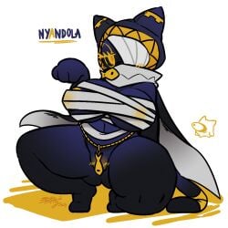 accessory anthro anthro_cat anthro_female bandage bandage_on_breasts bandage_on_face bandaged_chest big_breasts blush breasts cat_ears cat_hood cat_tail cloak domestic_cat felid feline felis female fish hi_res kneeling legs_spread looking_at_viewer nipples_visible_through_clothing nya_pose nyandola nyandola_(ratatan) purple_body pussy pussy_blush pussy_covered ratatan sixthquadratus thick_thighs wrapped_breasts yellow_eyes