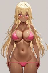 1girl ai-created ai_generated bangs bare_arms bare_shoulders bikini bikini_bottom bikini_pull blonde_hair blunt_bangs blush breasts cameltoe clavicle cleavage closed_mouth clothes_pull clothing dark-skinned_female dark_skin female female_only gluteal_fold gokukoku_no_brynhildr groin halterneck high_resolution large_breasts long_hair looking_at_viewer navel pantsu pink_bikini pink_clothing pink_panties pink_swimsuit pink_underwear portrait red_eyes rena_aikawa_(pixiv_user) side-tie_bikini side-tie_bikini_bottom side-tie_clothing side-tie_swimsuit skindentation smile solo standing stomach string_bikini striptease swimsuit swimsuit_pull tachibana_mina_(gokukoku_no_brynhildr) tanned thigh_gap thighs underboob underwear very_long_hair