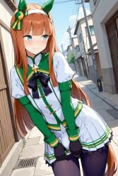 1boy ai_generated aqua_eyes bulge embarrassed femboy genderswap_(ftm) gloves hime_cut holding_skirt horse_ears long_hair long_sleeves male orange_hair pantyhose rule_63 silence_suzuka_(umamusume) skirt solo standing street tagme tail tehmar trap umamusume white_hairband white_skirt