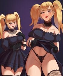 ani_(twitter) ani_(xai) belt big_breasts blonde_female blonde_hair blonde_hair_female breasts cheek_bulge clovernuts color colored dark_eyes digital_art digital_drawing_(artwork) digital_media_(artwork) dress dress_lift dress_up eyes female female_only fishnet fishnet_legwear fishnet_stockings fishnets gijinka gloves grok grok_(x) looking_at_viewer oerba_yun_fang presenting_panties purple_eyes showing_panties smirk smirking smug smug_face smug_smile solid_color_background thong tired_eyes twintails