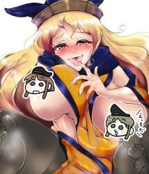 ahe_gao black_pantyhose blonde_hair blush breasts brown_hat censored constellation constellation_print feet female hat highres huge_breasts long_hair looking_at_viewer matara_okina mature_female nishida_satono orange_tabard pantyhose seductive_smile smile tabard taeshiru teireida_mai tongue tongue_out touhou