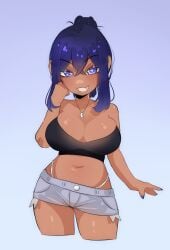 1girls adult adult_female belly belly_button big_breasts blue_background blue_eyebrows blue_hair blue_hair_female breasts brown-skinned_female brown_skin brown_skinned_female busty busty_female busty_girl cleavage collarbone curvaceous curvaceous_body curvaceous_female curvaceous_figure curvaceous_hips curvy curvy_body curvy_female curvy_figure curvy_hips elbows eyebrows_visible_through_hair female female_focus female_only fingernails fingers hair_between_eyes high_resolution highres hourglass_figure jean_shorts large_breasts lean_figure long_hair looking_at_viewer mature mature_female midriff narrow_waist navel necklace nyaivie original original_art original_artwork original_character parted_lips plump_breasts ponytail purple_eyes purple_eyes_female shorts shortstack shoulders simple_background slender_body slender_waist slim_waist smile smiley_face smiling smiling_at_viewer solo standing thick_thighs thighs upper_body wide_hips