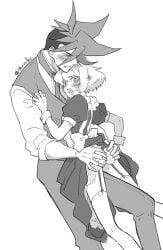 androgynous crossdressing femboy galo_thymos lio_fotia maid maid_headdress maid_uniform monochrome promare size_difference stockings thighhighs twink yaoi