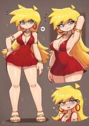 1girls blonde_hair blue_eyes busty cleavage curvy dress heart_text hoop_earrings legs light-skinned_female light_skin panty_&_stocking_with_garterbelt panty_anarchy red_dress short_dress tony_welt