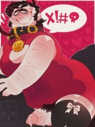 !! <3 artist_watermark balls big_grin black_facial_hair black_hair bob_velseb breast_window censored_text chest_window collar_tag crazy_smile devilish_grin devilish_smile digital_media_(artwork) dog_collar dog_ears drooling exclamation_mark exclamation_point facial_hair fat hairy hairy_arms hairy_balls hairy_male hairy_penis heart_background irritated laced_legwear lacy_stockings male male_only overweight overweight_male penis precum red_background sleeveless_sweater solo solo_male spiked_collar spooky_month sr.cookie sr_c00kie sweat text_bubble thick_eyebrows thick_penis watermark