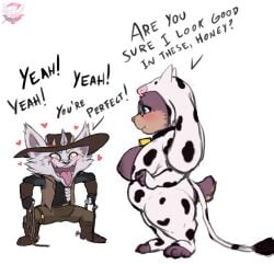 3_toes 4_fingers anthro beard big_breasts blind_eye blue_eyes blush breasts brown_body brown_fur clothing cow_outfit cowbell cowboy_outfit duo embarrassed english_text erection erection_under_clothing eye_scar eyewear facial_hair facial_scar feet female fennephilim_fox fingers fur glasses heart_symbol hi_res kled_(lol) league_of_legends looking_at_another male norra_(lol) red_eyes riot_games rope round_glasses scar slightly_chubby standing tencent text thick_thighs toes tongue tongue_out white_beard white_body white_facial_hair white_fur yordle