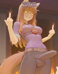 1futa 2025 \\\\m/ ai_generated animal_ears artist_name belt breasts bulge bust chest cock dick erection finger_gun fox_shadow_puppet futanari hi_res high_quality high_resolution highres holo index_finger_raised long_hair middle_finger novalust patreon patreon_username penis pointing pointing_at_viewer pointing_up shirt smile solo spice_and_wolf stable_diffusion tail testicles watermark yellow_eyes