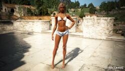 3d arabian arabian_female bare_arms bare_legs bdo belly bikini black_desert black_desert_online blonde_female blonde_hair commentary exposing feet grey_eyes heels navel_piercing real_person sandal_heels short_shorts white_nails whore