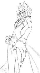 1boy alastor_(hazbin_hotel) animal_ears balls bowtie clothed coat cock deer_horns demon dick erection hazbin_hotel horns licking_own_lips looking_at_viewer looking_down male male_only monocle penis perspective sharp_teeth sketch solo sqwdink suit testicles