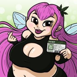 chubby chubby_female clothed curvy curvy_female ecchi elf_ears fairy fantasy fully_clothed goonette goonfairy gooning hazel_eyes marijuana nipples_visible_through_clothing oc original_character overweight pink_hair weed