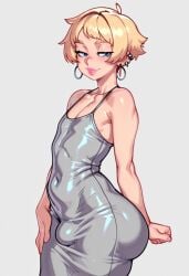 ai_generated big_ass big_butt blonde_hair bulge bulge_under_clothes dongtan_dress dress femboy femenine_male gravure_soraka gray_clothing spaghetti_strap trap