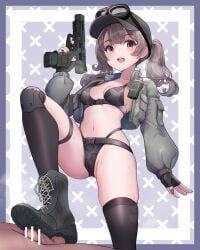 1boy absurdres bar_censor belt belt_buckle black_bra black_panties boots bra buckle censored cropped_jacket female goggles goggles_on_headwear green_hat grey_hair gun handgun hat highleg highleg_panties highres holding holding_gun holding_weapon jacket knee_brace lumina414 military_jacket navel open_clothes open_jacket open_mouth original panties penis purple_eyes shoejob single_thighhigh stepped_on teeth testicles thigh_strap thighhighs thighs twintails underwear upper_teeth_only weapon