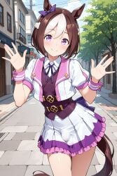 1boy ai_generated brown_hair bulge crop_top femboy genderswap_(ftm) horse_ears looking_at_viewer male multicolored_hair purple_eyes purple_ribbon rule_63 short_sleeves skirt smile solo special_week_(umamusume) street tagme tail tehmar trap umamusume waving white_hair white_skirt wrist_cuffs