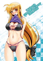 2013 bikini blonde_hair blush embarrassed fate_testarossa female itachou itatyou mahou_shoujo_lyrical_nanoha mahou_shoujo_lyrical_nanoha_strikers mouth_hold red_eyes shirt_lift solo