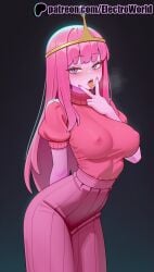 1girls 2025 adventure_time ai_generated artist_name bangs blunt_bangs blush breasts breasts breasts bust cartoon_network chest covered_nipples dark_background electroworld english_text female hi_res high_quality high_resolution highres long_hair patreon patreon_username pink_dress pink_hair princess_bubblegum solo stable_diffusion tiara tongue tongue_out watermark