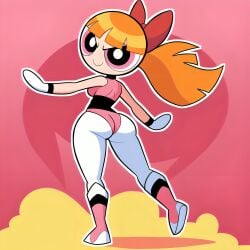 aged_up ai_generated ass ass_focus bangs behind_view blossom_(powerpuff_girls) boots bow_in_hair cartoony clothed confident ginger ginger_hair gloves medium_breasts no_fingers orange_hair pantyhose pink_background pink_eyes pink_leotard pixai ponytail powerpuff_girls red_bow smile striped_leotard superhero_costume superheroine tall_female thick_thighs white_boots white_gloves white_outline white_pantyhose