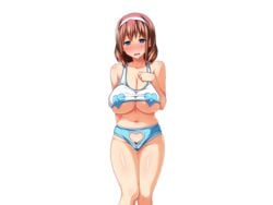 1girls blush cleavage drool empty_eyes female_pubic_hair game_cg head_band heart_bra heart_cutout heart_panties heart_shaped_nipple_covers hinomoto_koharu huge_breasts kedamono-tachi_no_sumu_ie_de nipple_covers partially_visible_nipples pin-point plump pubic_cutout pubic_hair pubic_hair_peek pussy_cleavage saliva takeda_hiromitsu