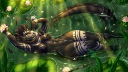 16:9 4k absurd_res anthro argonian arthropod blue_nipples blue_vulva bodypaint breasts dark_body detailed_background face_paint feather_hair feathers female floating floral flower genitals grin henyoki hi_res insects lily_pad looking_at_viewer lying microsoft muscular muscular_female nipples on_back orange_eyes petals plant pseudo_hair pussy scalie situth_(varlastreak) smile solo the_elder_scrolls thick_thighs true_bug vulva water water_lily widescreen