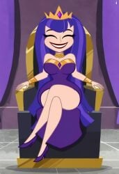 ai_generated cartoon_network closed_eyes crown dc_comics dc_super_hero_girls dress queen sitting smile smiling solo throne warner_brothers zatanna zee_zatara