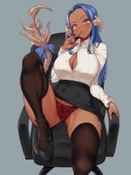 1girls 2022 amber_eyes au_ra bent_leg big_breasts blue_eyes blue_hair blush bonkiru cecilia_(chocolatelizard) female female_only final_fantasy final_fantasy_xiv finger_to_mouth heels heterochromia hi_res horns inner_sideboob long_hair looking_at_viewer office_chair office_lady panties scales sitting sitting_on_chair solo stockings tail tail_ribbon