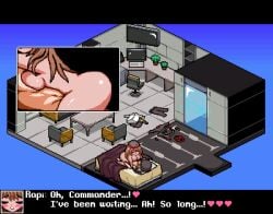 1boy animated animated ass_ripple bed black_hair black_jacket blush breast_press breasts brown_hair chair cleavage commander_(nikke) commentary completely_nude computer cowgirl_position dialogue_box dollhouse_view english_commentary english_text faceless faceless_male feck_dangerfield female femdom from_side goddess_of_victory:_nikke hat indoors jacket large_breasts long_hair monitor nude on_bed pixel_art pixelated rapi_(nikke) sex shirt short_hair solo_focus straight thighs unworn_shirt vaginal_penetration