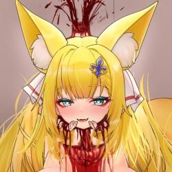 1:1 bad_end blood bodily_fluids decapitation detachable detachable_head female gore guro heart-shaped_pupils holding_own_head humanoid inoue_aosora severed_body_part severed_head solo xiaomu314