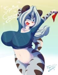 2014 anthro big_breasts blue_eye breasts clothed clothing feline female hair long_hair mammal minina one_eye_closed open_mouth pussy solo tiger tiger1001 tongue underwear white_hair