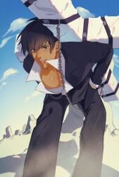 1boy black_eyes carrying carrying_object chains chest cigarette cigarette_in_mouth cross downblouse ksooupart male male_cleavage male_only nicholas_d_wolfwood nipple_slip nipples pecs pectoral_cleavage pectorals smoking smoking_cigarette tan-skinned_male tan_skin tan_skinned_male trigun