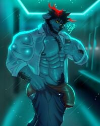 2025 abs anthro antlers arm_hair artist_name barazoku bathroom black_hair body_hair bottomwear bulge chest_hair clothed clothing collared_shirt deer digital_media_(artwork) ear_piercing electronics facial_hair glowing glowing_horn hair holding_object holding_phone horn male mammal muscular muscular_anthro muscular_male nipples pants partially_clothed pecs phone piercing pubes public_restroom selfie shirt smile smiling_at_viewer solo srzant text topwear unbuttoned_shirt underwear yellow_sclera