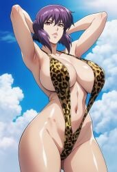 1girls ai_generated armpits arms_behind_head big_breasts breasts cloud cyborg ghost_in_the_shell ghost_in_the_shell_stand_alone_complex huge_breasts kusanagi_motoko leopard_print leopard_print_bikini lips looking_at_viewer m526 milf nai_diffusion navel novelai posing purple_hair red_eyes self_upload sideboob sky sling_bikini slingshot_swimsuit solo standing thick_thighs voluptuous