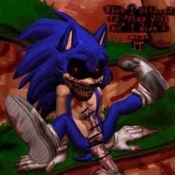 2011x 2boys anal anal_penetration anal_sex anthro artist_name artist_signature balls black_sclera blood blue_body blue_fur blue_hair censored censored_genitalia censored_penis demon dialogue english_text fur furry gay gloves green_hill_zone hedgehog light-skinned_male light_skin looking_at_viewer male male/male male_only naked nude penis precum pubic_hair quills red_eyes sharp_fingernails sharp_teeth shoes snout sonic.exe_(series) sonic_(series) tail yaoi