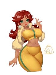 1girls artist_logo big_breasts brown_hair busty curvy earrings fur_coat green_eyes hips little123blood mario_(series) midriff nintendo princess_daisy small_waist tan-skinned_female tan_skin thick_thighs tight_pants tubetop white_background