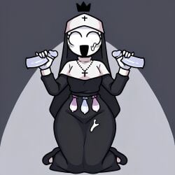 5_fingers :d ai_generated black_shoes breasts clothed condom_belt condoms cross_necklace cum_on_face cum_on_thigh disembodied_penises double_handjob eyelashes female friday_night_fever friday_night_funkin friday_night_funkin_mod no_pupils nun nun's_habit nun_outfit penis pixai simple_background small_breasts taki_(fevertown) thick_thighs used_condoms white_eyes white_skin