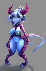 absurd_res animal_humanoid areola big_areola black_sclera blue_body blue_hair blue_skin blue_tail breasts claws dragon dragon_humanoid female genitals green_eyes green_nipples grimmy hair hi_res horn humanoid humanoid_pointy_ears nipples nude pubic_tattoo puffy_nipples pussy scales shortstack signature solo thick_thighs