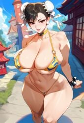 1girls 2d ai_generated asia asian_female big_breasts bikini chun-li day double_bun female female_focus female_only hair_bun highleg_bikini looking_at_viewer micro_bikini outdoors solo solo_female solo_focus street_fighter tagme