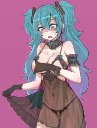 ani_(xai) ani_(xai)_(cosplay) aqua_bow aqua_eyes aqua_hair arm_garter babydoll bare_shoulders black_gloves black_panties bow bow_(bhp) breasts cleavage cosplay covered_navel cowboy_shot crotchless crotchless_panties cupless_babydoll detached_collar female gloves hatsune_miku inverted_nipples lingerie long_hair looking_down medium_breasts navel open_mouth panties pink_background pussy shaded_face sidelocks simple_background skirt_hold solo standing string_panties sweat sweatdrop twintails underwear vocaloid xai_(company)